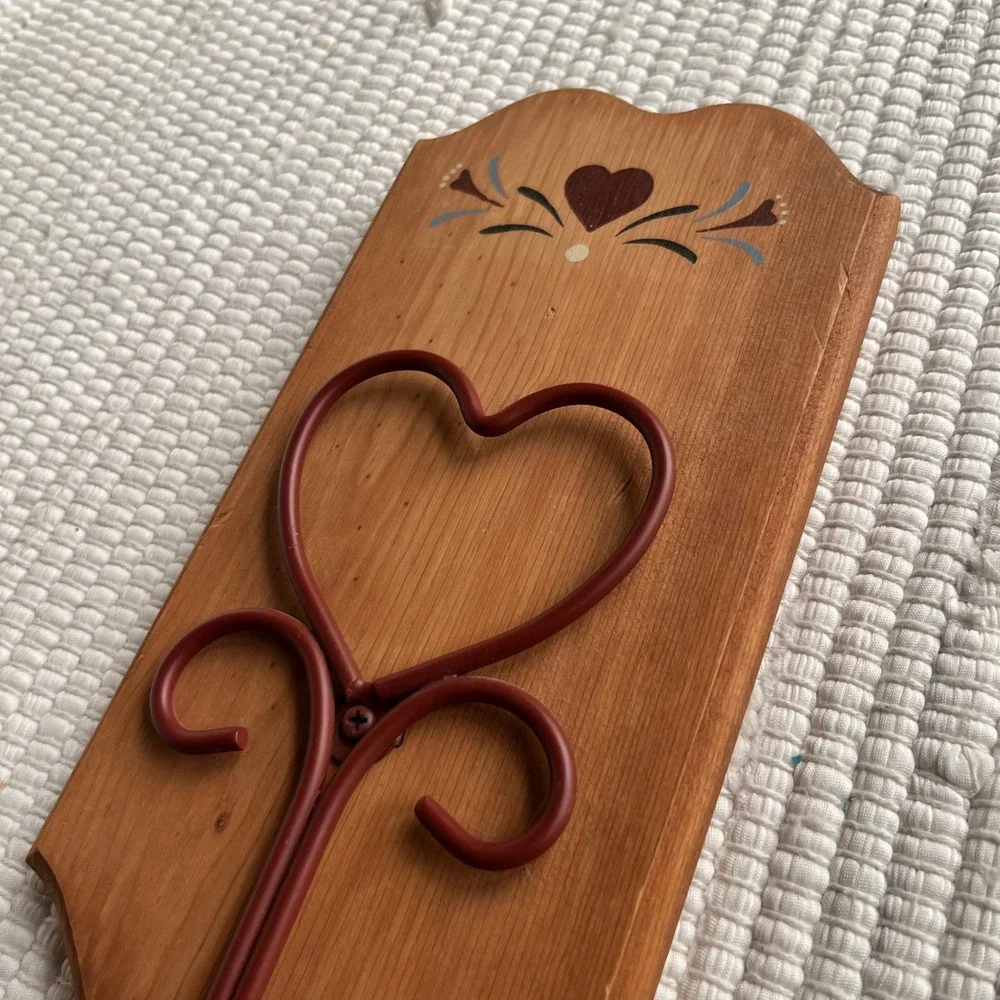 Vintage Folk Art Wood and Metal Heart Wall Sconce Candle Holder Rustic Red